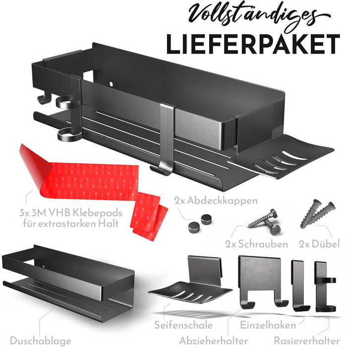 Набір для зберігання в душі Henal 5 в 1: поличка, тримач для бритви, скребок для скла, мильниця та гачки. Організатор для ванної кімнати XXL, не потребує свердління, з нержавіючої сталі, матовий чорний