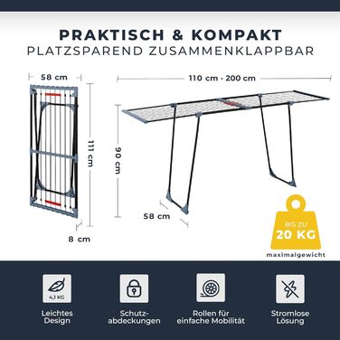 Розкладна сушарка для білизни Phoenix XXL – 20 м сушильної поверхні, чорна, стабільна, з клямками