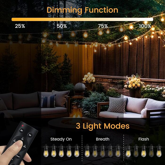 LED гірлянда для зовнішнього використання 30м з пультом, S14, 100FT, IP65, 30+2 лампочки, тепле світло 2700K, для саду, тераси, балкону, двору