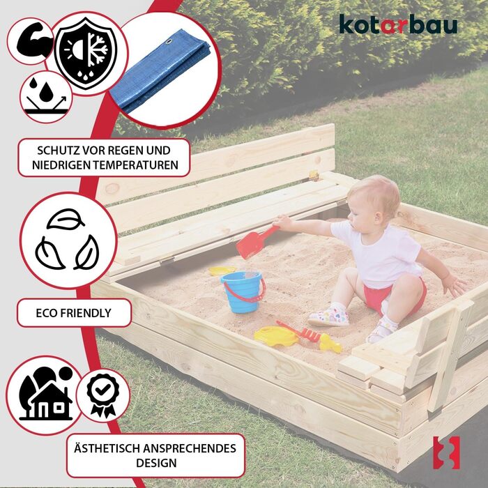 Пісочниця KOTARBAU® з кришкою, 120x120 см, дерево, з лавками