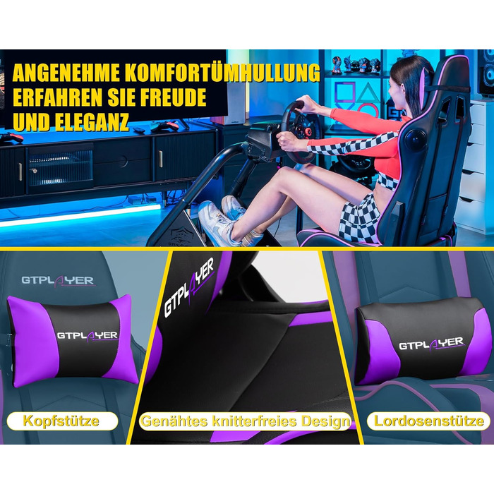GTPLAYER Симулятор кокпіт для гонок, стійка для керма та педалей з динаміками (Ліловий)