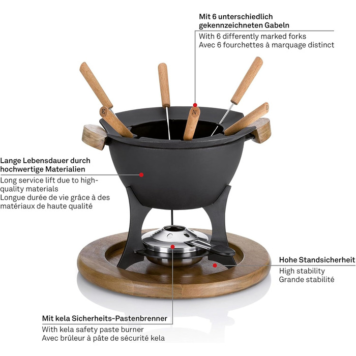 Набір для фондю Kela Meat, чавунний, на 6 осіб, з тримачем для паливної пасти та виделками, чорний, 1ук