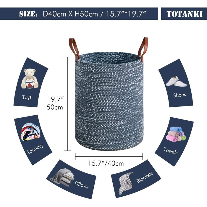 Велика корзина для білизни TOTANKI з бавовняної мотузки-40 см (Г) х 50 см (В) - складна плетений кошик з шкіряними ручками для зберігання одягу, підгузників ,іграшок (синя)