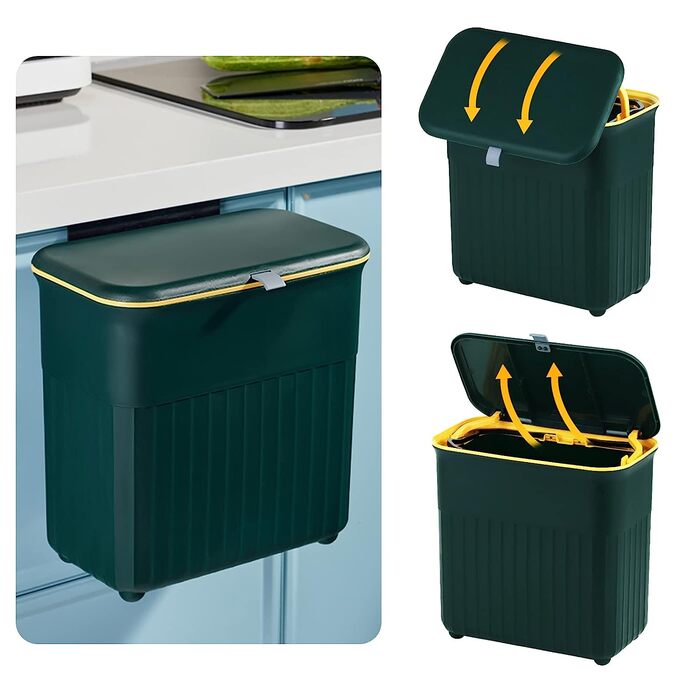 Підвісний сміттєвий бак kwanithink для кухні з кришкою, 9 л, невеликий збирач відходів, настінне пластикове відро для компосту, герметичний контейнер для сміття, підвісні двері для будинку на колесах, кухонний шафа (зелений)