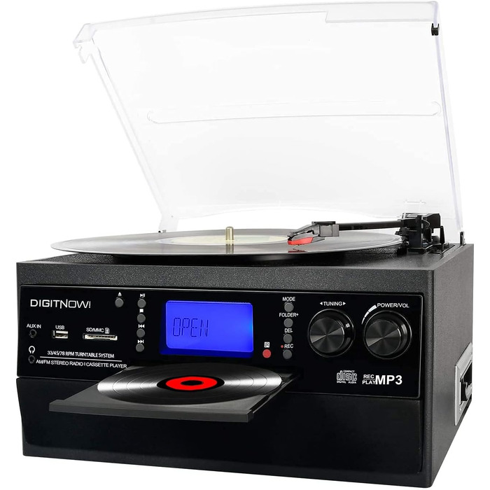 Вініловий програвач з Bluetooth, USB, CD та FM, 3 швидкості, вбудовані динаміки, функція кодування