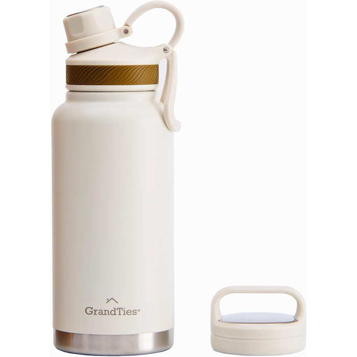 GRANDTIES Фляга для води 946 мл з широким горлом, вакуумна ізоляція, 2 кришки, для чоловіків та жінок, білий колір