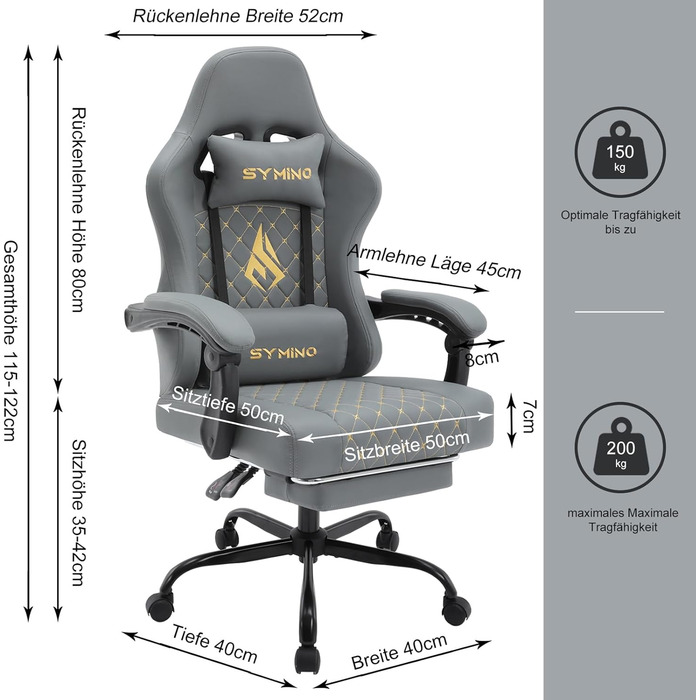 Ігрове крісло Symino - ергономічне, 200 кг, регульовані підлокітники, вінтажна штучна шкіра, підставка для ніг, сірий
