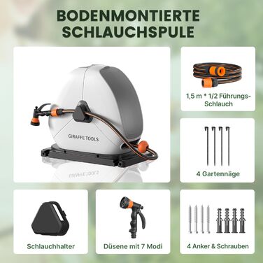 Висувна катушка для шланга Giraffe Tools 25 м, міцна, для кріплення на підлозі, з 7-функціональною насадкою та поворотним підставою 360°