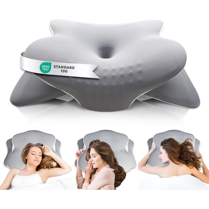 Ортопедична подушка для шиї з Memory Foam, сертифікат Oeko-Tex® | Підходить для сну на боці, спині та животі | Подушка для шиї для алергіків, сірого кольору (1 шт)
