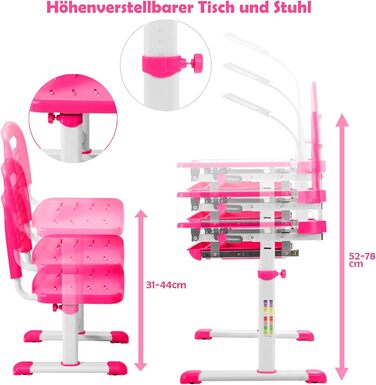 Дитячий письмовий стіл з регулюванням висоти та нахилу зі світлодіодною лампою, підставкою для книг, стільцем та шухлядою (рожевий)