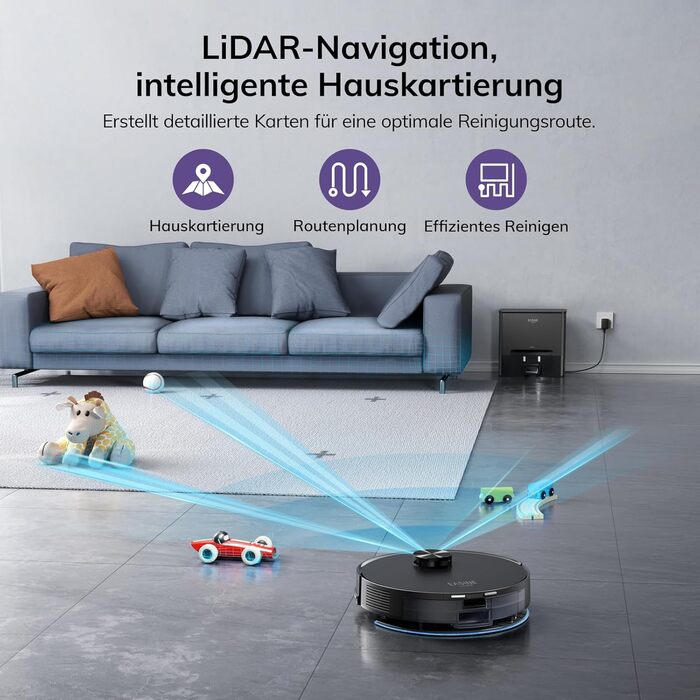 Робот-пилосос з функцією миття підлоги, автоматична станція самоочищення, лазерна навігація, зони заборони, 5000Pa, 5*2.5L мішки для пилу, 180 хвилин роботи, керування через додаток, для твердих підлог, килимів та шерсті тварин, S20