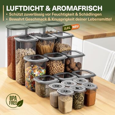 Набір контейнерів для зберігання їжі 18 шт. – з контейнером для спагеті 2,0л, 6 баночок для спецій з дозатором, кришками, що щільно закриваються, BPA-free, з 52 етикетками (12 шт.) + 6 дозаторів для спецій