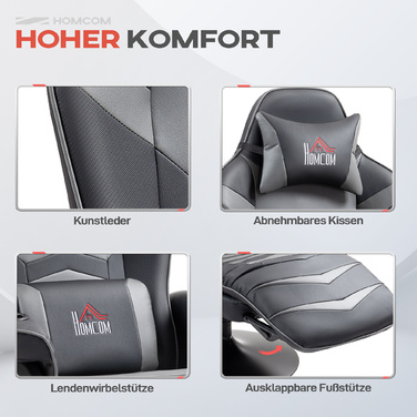 Ігрове крісло HOMCOM з масажем, регульованою спинкою, підставкою для ніг, підійде для ваги до 120 кг, сталевий каркас, штучна шкіра, сірого кольору.