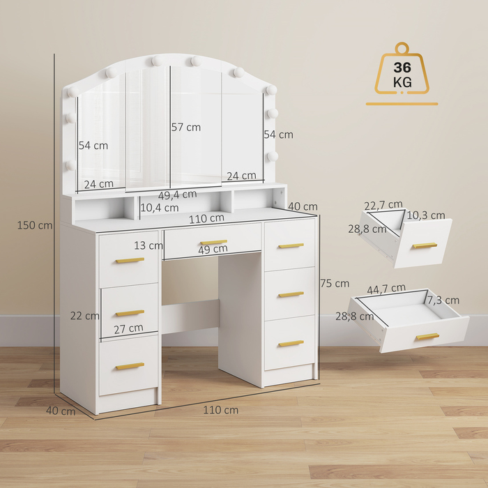Туалетний столик з 10 LED-лампами в стилі Голлівуд, дзеркалом, 7 висувними ящиками, 3 відділеннями, МДФ, білий