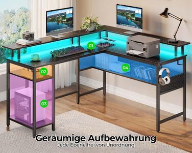 Роланстар Стіл ігровий L-подібний з LED та розеткою, 137 x 108 см, комп'ютерний стіл з підставкою для монітора та місцем для зберігання, реверсивний кутовий стіл для офісу, домашнього офісу (Білий) (Чорний)