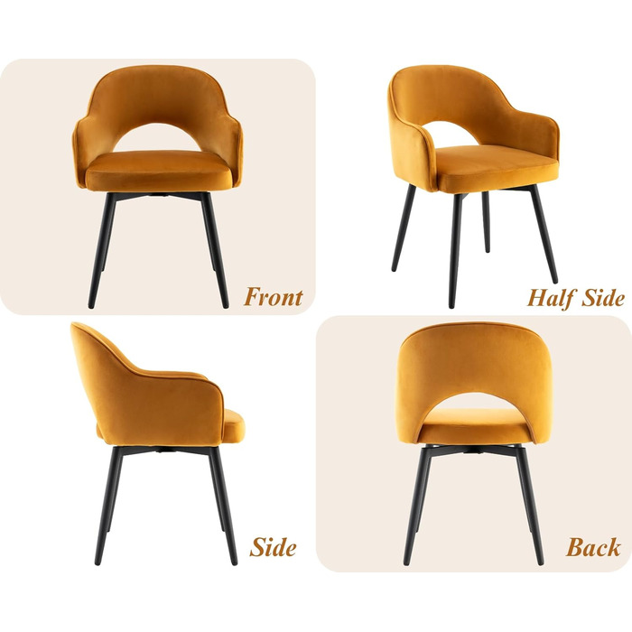 4 крісла з велюру для їдальні, обертаються на 360°, кухонні крісла з підлокітниками, м'які бічні крісла для дому, офісу, вітальні (жовті)