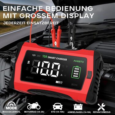 Інтелектуальне зарядне пристрій для акумулятора Haibito 12V/24V 10A з LCD-дисплеєм, для автомобіля