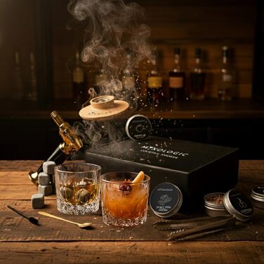 Комплект для копчення коктейлів MIXOLOGIC: набір для віскі, 6 дерев'яних чіпсів, камені для віскі та аксесуари для Old Fashioned