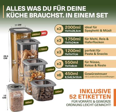 Набір контейнерів для зберігання їжі 18 шт. – з контейнером для спагеті 2,0л, 6 баночок для спецій з дозатором, кришками, що щільно закриваються, BPA-free, з 52 етикетками (12 шт.) + 6 дозаторів для спецій