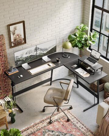 Ігровий кутовий стіл CubiCubi L-подібної форми, 150 x 120 см, чорний, з підставкою для монітора, для геймінгу
