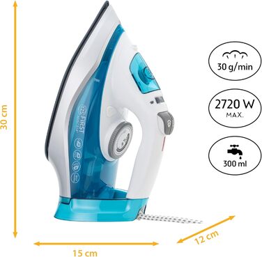 Пароочисник TZS First Austria I 2290-2720W | Керамічна підошва, Самоочищення, Вертикальна пара, Anti-Kalk, Сухе прасування, 0,3л резервуар, 1,2 кг, Чорний/Білий