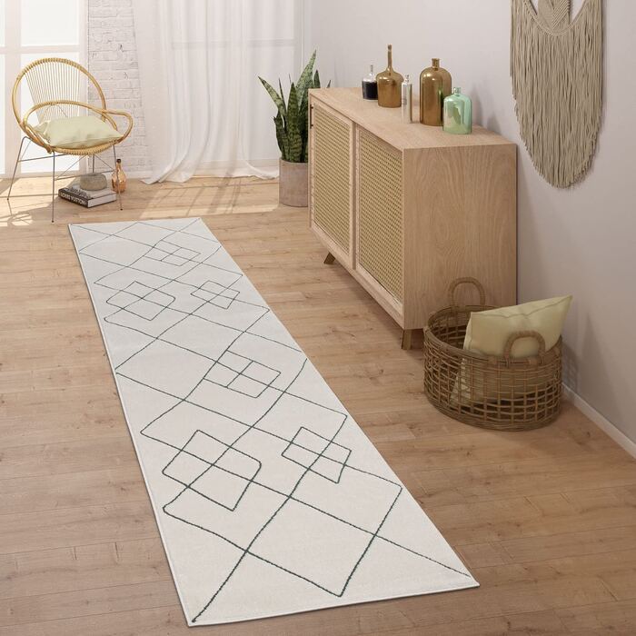 Домашній килим Paco з коротким ворсом для передпокою, спальні, Сучасний скандинавський ромбоподібний візерунок, розмір колір (80x300 см, білий)