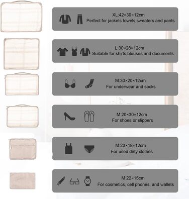 Набір органайзерів для подорожей та валізи Packing Cubes, водонепроникні сумки для одягу, 12 шт, бежевий