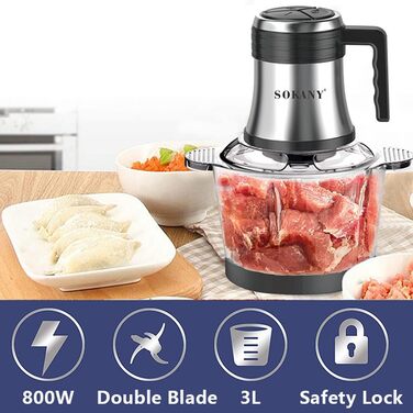 М'ясорубка-подрібнювач Sokany 800W з чашею 3л з нержавіючої сталі, електричний мультиподрібнювач з 2 швидкостями для м'яса, овочів, фруктів