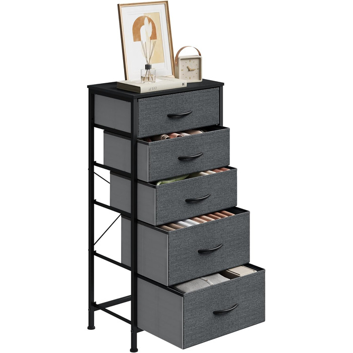 Комод з 5 шухлядами WOLTU SSK004whe: стильний комод-шафка для спальні, вітальні, коридору. Металевий каркас, ДСП, чорна деревина + темно-сірий колір.