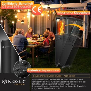 Газовий обігрівач KESSER® 4/8 кВт з п'єзозапалюванням, регулятором тиску газу та захисним кожухом. 360° поворот, захист від перекидання. Підходить для тераси, вулиці, кемпінгу. Чорний колір.