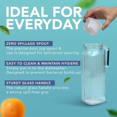 Скляний глечик для холодильника (2 шт.) об'ємом 1 літр з кришкою, рифлений дизайн, не протікає, вентильована кришка для гарячої/холодної води, чай, кава, молоко