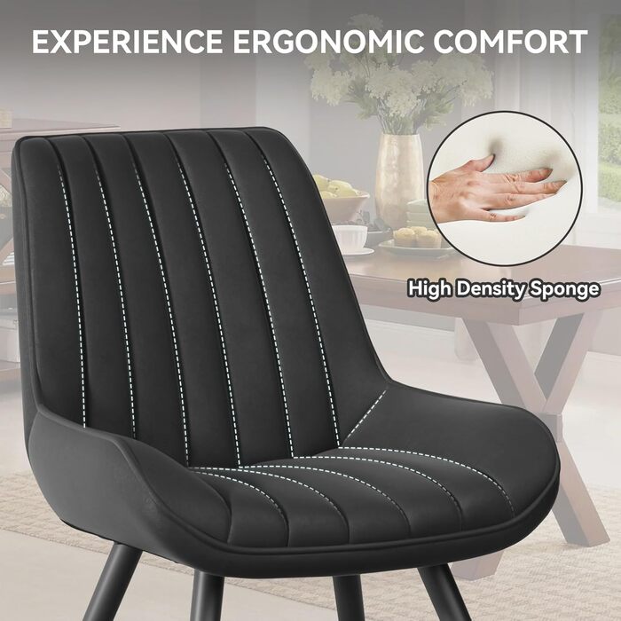 Обідні стільці для кухні: м'які, з подушкою 10 см, з штучного матеріалу, на металевих ніжках, FU01043BL-2 (набір 8 шт., чорний)