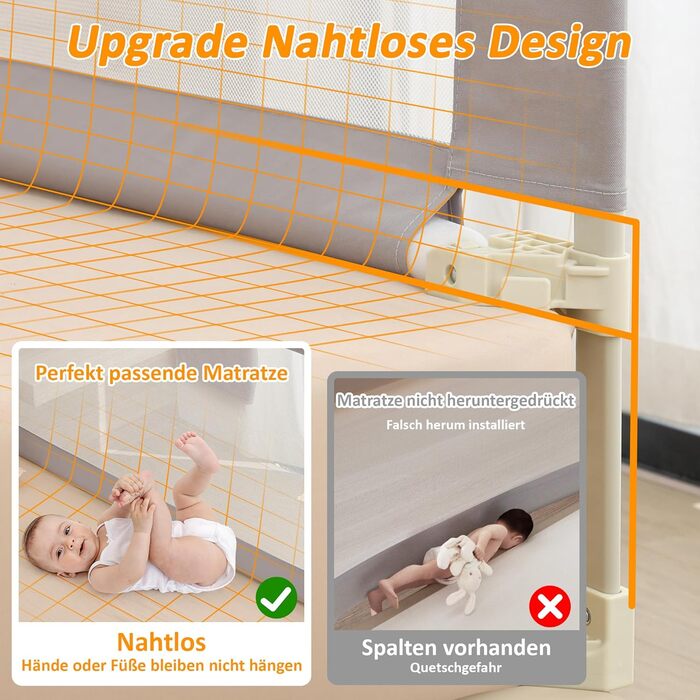 Бортики для ліжка дитячі 3 шт., захисні грати на ліжко для малюків (2x200 см + 1x180 см), сірі, складані