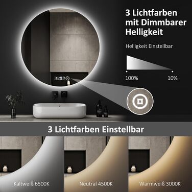 Дзеркало для ванної кімнати з підсвічуванням та годинником Boromal, 50x70 см, диммер, 3 кольори світла (3000-6500K), 2470LM