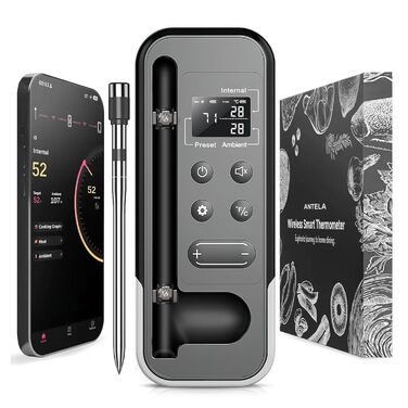 Бездротовий термометр для м'яса ANTELA з Bluetooth 200M, LCD дисплеєм, сигналом та APP, для приготування на грилі, BBQ та в духовці