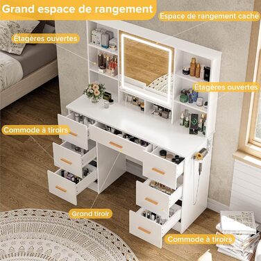 Дзеркальний туалетний столик Belife з підсвічуванням та 7 висувними ящиками, розеткою та 3 кольорами світла для спальні V5