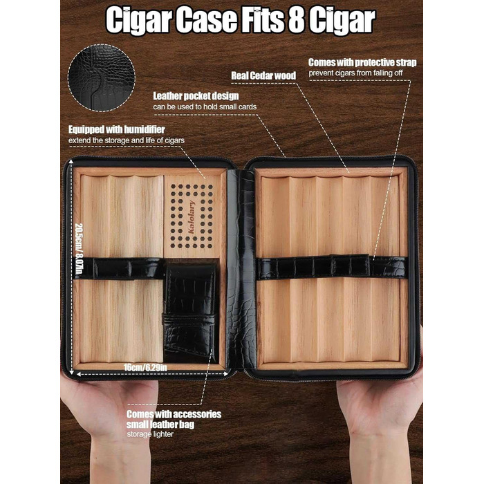 Вишуканий вологозбережувач для сигар Kalolary з різаком, портативний дорожній футляр для сигар з кедрової деревини, вміщує до 8 сигар, чудовий подарунок для чоловіків (Чорний)