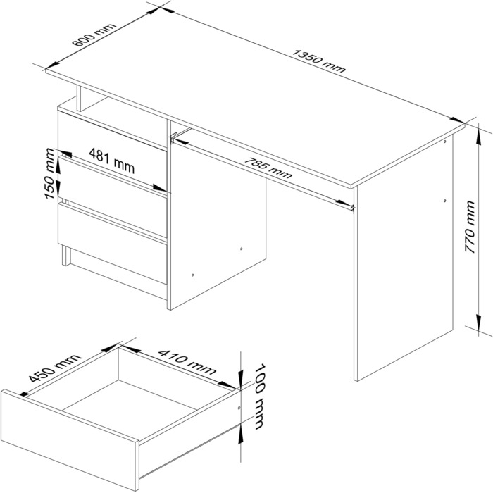 Стіл для ПК CLP 135 Офісний стіл 3 шухляди, 1 полиця Ш135 х В77 х Г60 см 45 кг (дуб Сонома / Венге)