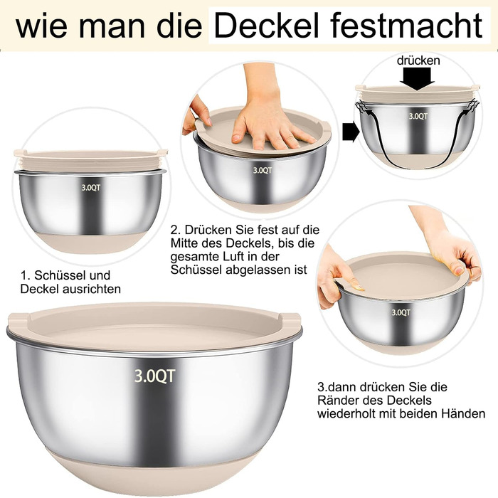 Набір мисок для перемішування (6 шт.) з нержавіючої сталі, набір салатниць з кришкою та силіконовим дном, 3 насадки-тертки, об'єм 4.7л/3.8л/2.8л/1.9л/1.4л/0.6л, неслизькі та стіксові - Хакі