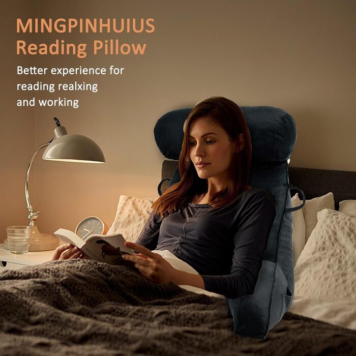 Подушка для читання MINGPINHUIUS XL для ліжка та дивана з знімною подушкою для шиї, ідеальна для дорослих, з піною з пам'яті для комфортного читання, роботи, ігор, перегляду телевізора та відпочинку (Чорний)