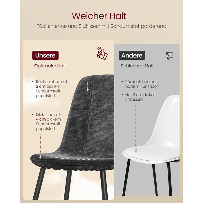 Набір з 2-х обідніх стільців VASAGLE, сірий, з м'яким сидінням, металеві ніжки, регульовані, з тканини Chenille, PU з малюнком, легкий у догляді