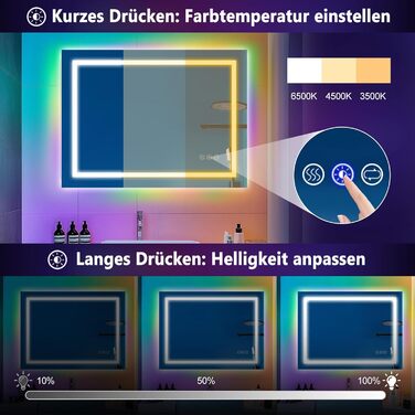 Дзеркало для ванної кімнати зі світлодіодним підсвічуванням 50x70 см, сенсорне керування, RGB
