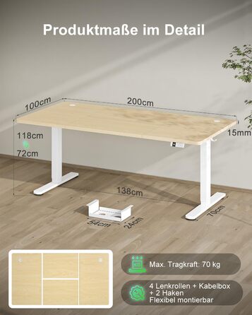 Регульований стіл Devoko 200x80 см з USB-C, електричний, для дому та офісу, білий (200 x 80 см, дуб)