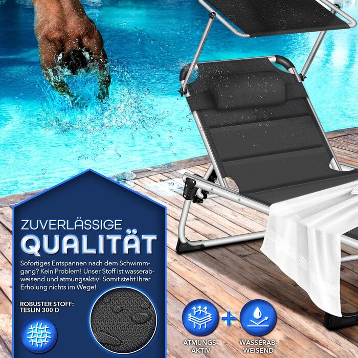 Сонячне ліжко Tillvex® з дахом та подушкою для голови | Садова розкладна ліжко-шезлонг | Пляжне ліжко з регульованою спинкою | Алюмінієва ліжко (з преміум-подушкою), Чорний