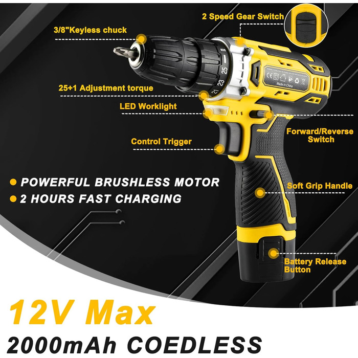 Набір інструментів TLGREEN з акумуляторною викруткою 12V, 138 предметів у кейсі для ремонту та побутових робіт (жовтий)