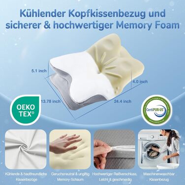 Ортопедична подушка для шиї з Memory Foam, сертифікат Oeko-TEX®, ергономічна подушка для сну на боці, спині та животі, сірого кольору