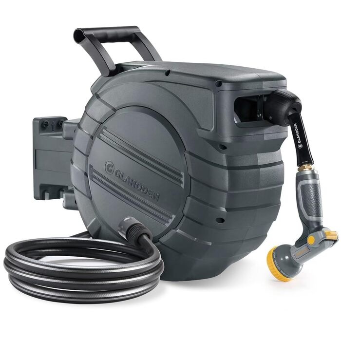 Шланговий барабан GLAHODEN з шлангом для саду 40 м + 2 м, стійкий до сонця та морозу, поворотний на 180°, настінна шланговий бокс з 9-функціональною розпилювальною насадкою (30 м)