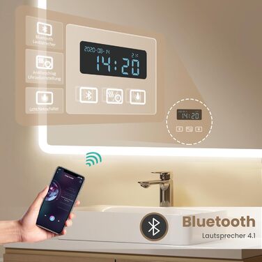 EMKE® LED дзеркало для ванної кімнати 80x60 см з підсвічуванням, регулюванням, антизапарюванням, 3 косметичні дзеркала, годинник, Bluetooth, IP44