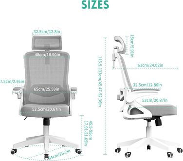 Ергономічне крісло для офісу та геймінгу, широке сидіння, регульовані підлокітники, біло-сіре, 90° підйом підлокітників