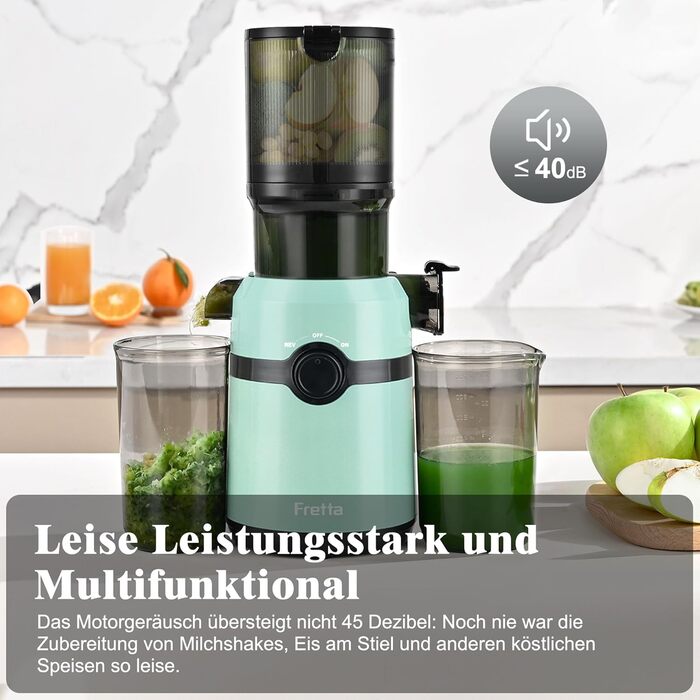 Фреш-прес Fretta: повільний соковичавник з широкою завантажувальною трубою (108 мм), 200W, 1 л, BPA-free Tritan, блакитний